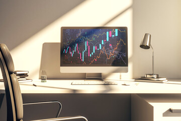 Modern computer monitor with abstract creative financial chart, research and strategy concept. 3D Rendering