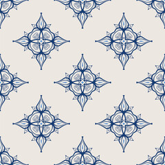 Vintage tile pattern. Seamless blue and white background with flower design