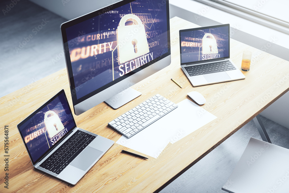 Poster Creative idea concept with lock symbol and microcircuit illustration on modern laptop screen. Protection and firewall concept. 3D Rendering