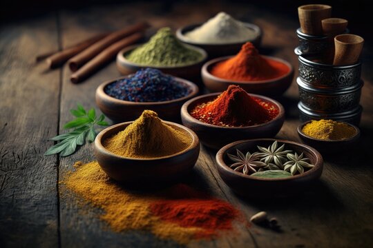 Collection Of Spices In Bowls On A Wooden Table