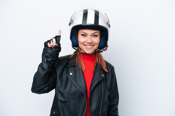 Young Russian girl with a motorcycle helmet isolated on white background pointing up a great idea