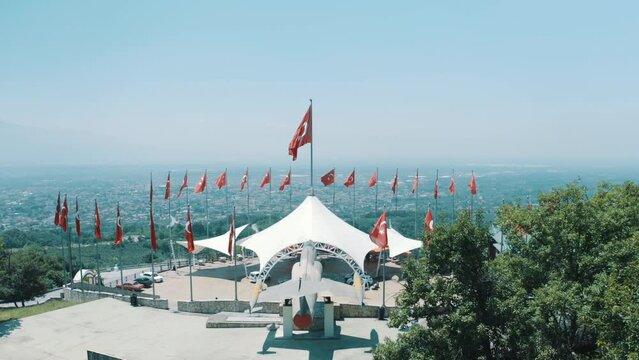Aerial view of Turkish flag in Sakarya park. 4K Footage in Turkey
