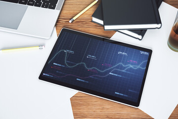 Abstract creative stats data concept on modern digital tablet screen. Top view. 3D Rendering