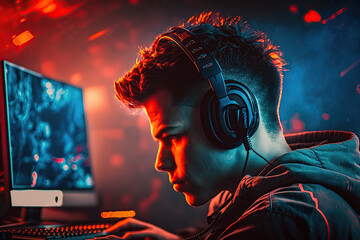 Gaming from Home, a Young Professional Video Game Player. Generative AI illustration.