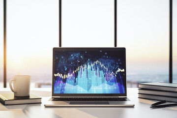 Modern computer screen with abstract creative financial chart, research and analytics concept. 3D Rendering