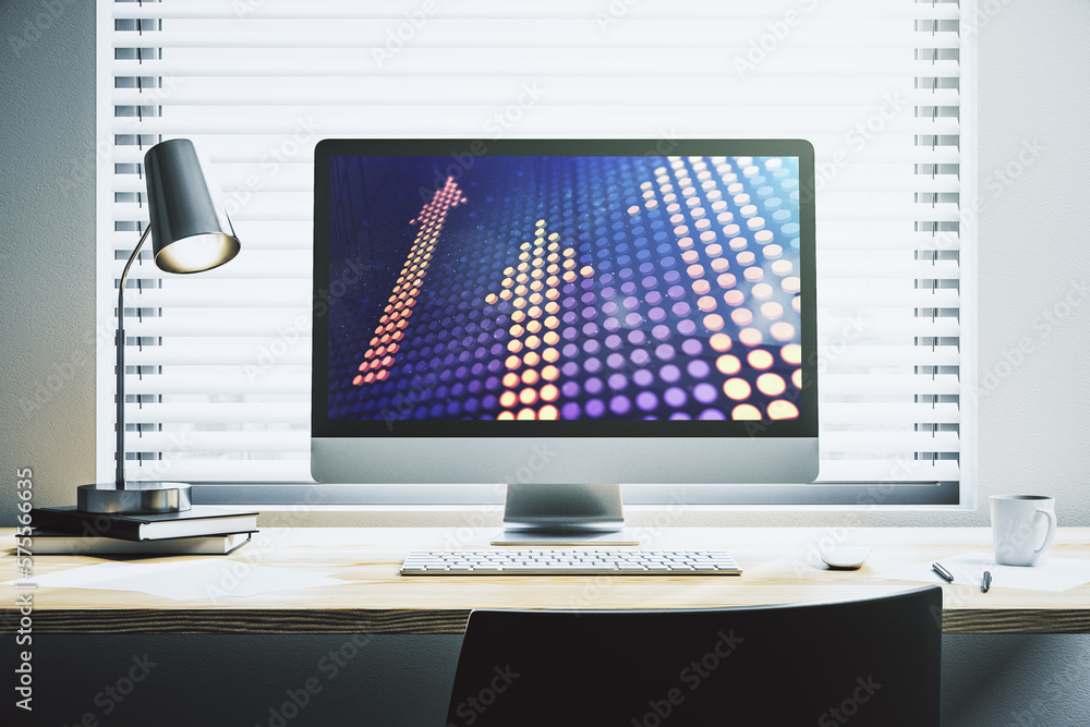 Poster creative abstract upward arrows hologram on modern computer monitor, leadership and motivation conce