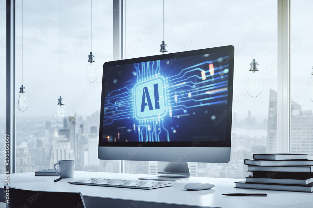 Poster modern computer monitor with creative artificial intelligence icon. neural networks and machine lear