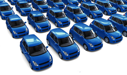 Autoindustrie: blaue E-Autos bereit für den Verkauf - isoliert