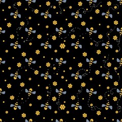 Animal bee seamless texture. Seamless pattern with bees and honey, hand drawn, vector. Honey print for fabric, paper. Kids bee seamless pattern. Cute cartoon doodle bees, flowers, honey vector print