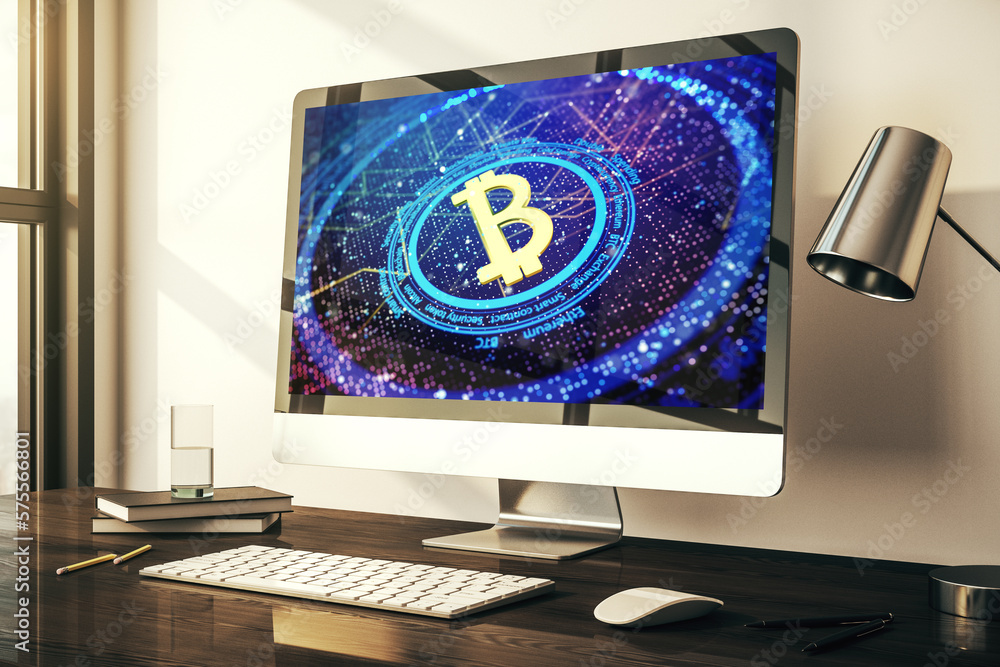 Poster Modern computer monitor with creative Bitcoin symbol. Cryptocurrency concept. 3D Rendering