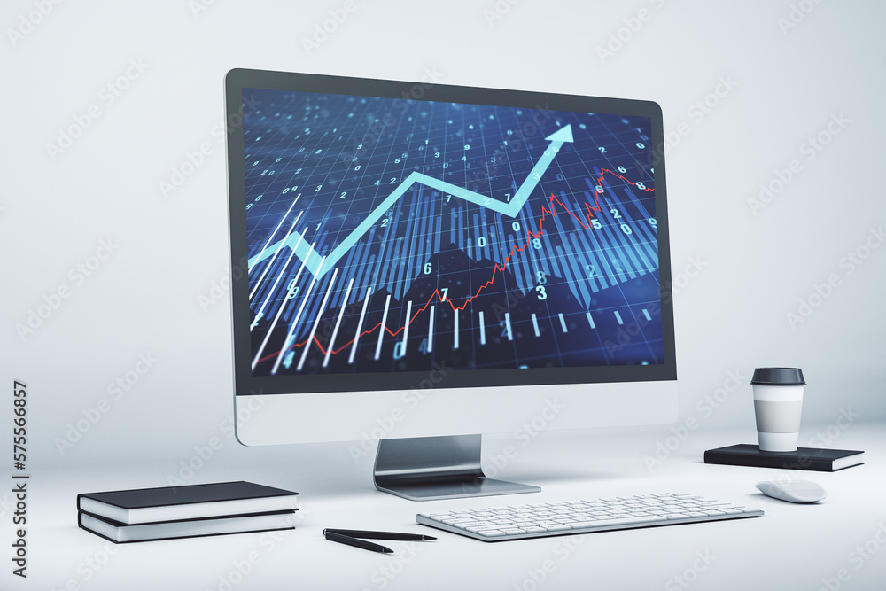 Poster Computer monitor with abstract creative financial graph and upward arrow, financial and trading concept. 3D Rendering