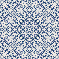 Vintage tile pattern. Seamless blue and white background with flower design