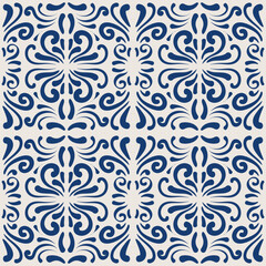 Vintage tile pattern. Seamless blue and white background with flower design