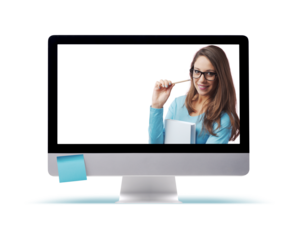 Smiling young student in a computer screen