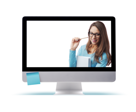 Smiling young student in a computer screen