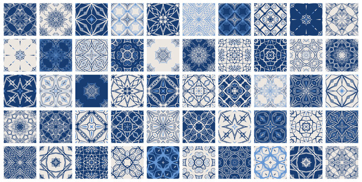 Vintage tile patterns set. Seamless blue and white background with flower design