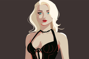 Beautiful blonde girl in a black dress and with a black necklace, Beautiful. Vector, flat illustration, flat design, vector.