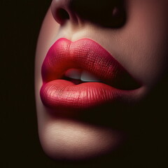 Plump female lips painted black lipstick on dark background. Generative AI