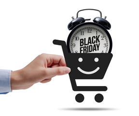 Black Friday sale: customer holding a shopping cart icon with alarm clock