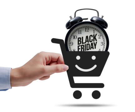 Black Friday sale: customer holding a shopping cart icon with alarm clock