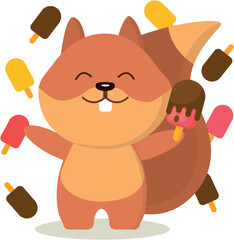 Squirrel with lots of ice cream. Vector graphics on the theme of food