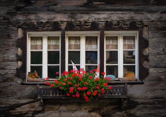 Fototapeta na wymiar Window of a wooden house with flowers in spring