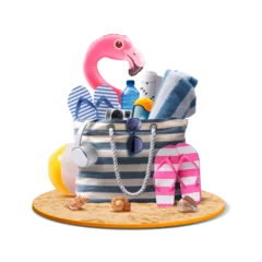 Gardinen Beach bag with accessories and cute inflatable flamingo © stokkete