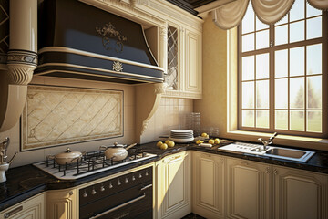Modern classic kitchen interior design, super photo realistic background, generative ai