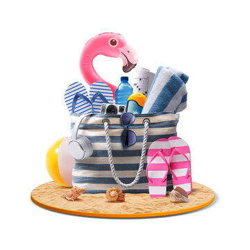 Beach bag with accessories and cute inflatable flamingo