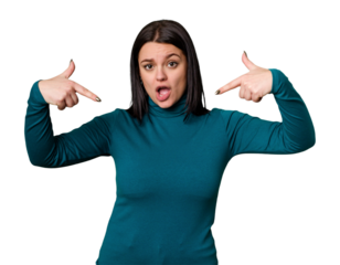 Young caucasian woman isolated points down with fingers, positive feeling.