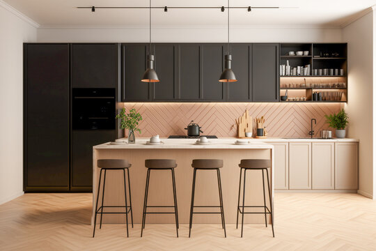 Modern classic kitchen interior design, super photo realistic background, generative ai