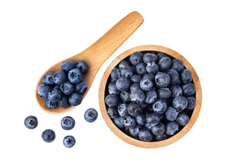 Blueberries in wood bowl and spoon  isolated on transparent png