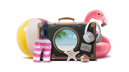 Vintage suitcase with porthole and beach accessories