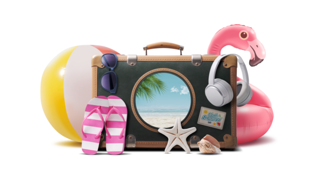 Vintage suitcase with porthole and beach accessories