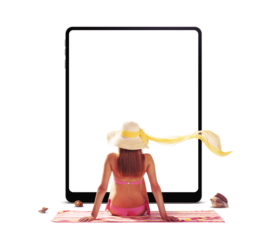 Woman sunbathing and beach on tablet screen