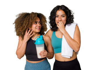 Two best friends are ready to go to the gym, one of them holds a protein shake, biting fingernails, nervous and very anxious.