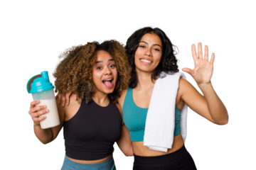 Two best friends are ready to go to the gym, one of them holds a protein shake, smiling cheerful showing number five with fingers.