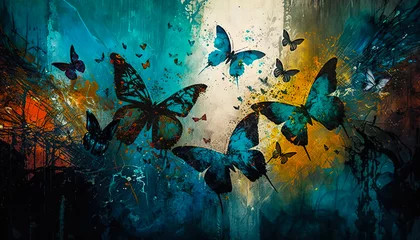 Fototapete Schmetterlinge im Grunge Abstract mixed grunge colors various butterflies background painting. Digital painting art in teal color style. Digital illustration generative AI.