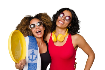 Two women, one with Afro hair and the other Latina, are ready for a beach vacation in their swimwear.