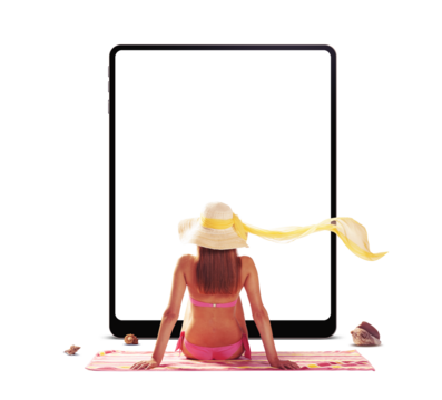 Woman sunbathing and beach on tablet screen - Powered by Adobe