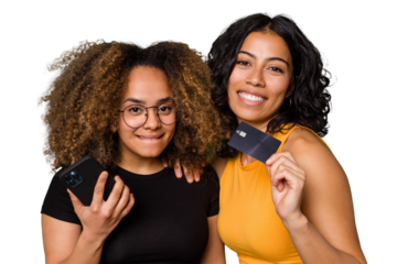 Friends showing a credit card and a mobile phone, they are inviting you to open a bank account.