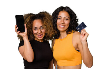 Friends showing a credit card and a mobile phone, they are inviting you to open a bank account.