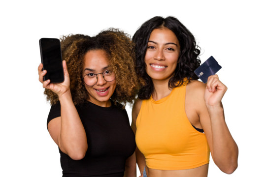 Friends showing a credit card and a mobile phone, they are inviting you to open a bank account.