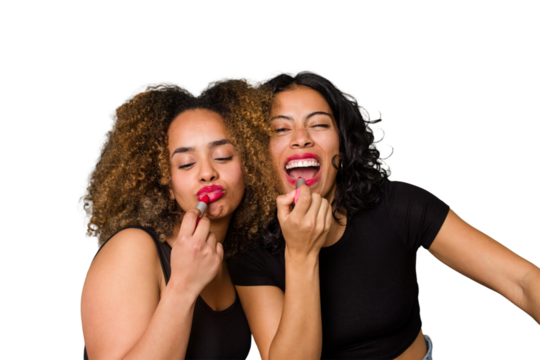 Two best friends, an Afro and Latina, get ready for a night out, laughing and having a great time while getting glam.