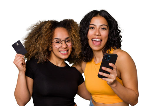 Friends showing a credit card and a mobile phone, they are inviting you to open a bank account.