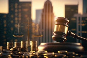 Money and justice: gavel, law scales and coins on cityscape. Based on Generative AI