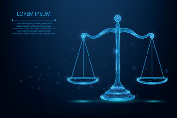 Abstract mesh line and point scales of justice symbols. Low poly wireframe law judgement concept. Polygonal vector futuristic illustration - obrazy, fototapety, plakaty