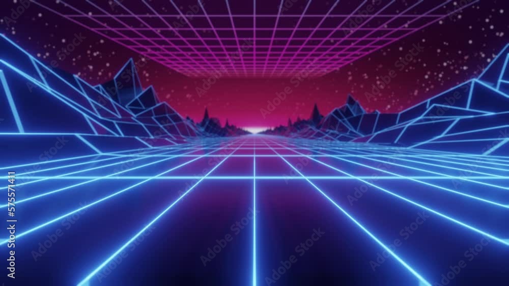 Poster synthwave animated background. 80s wireframe landscape. retro future perspective grid. retrowave sty