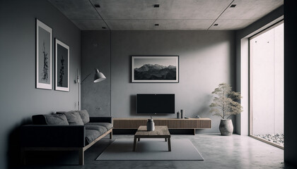 Loft gray living room interior mockup with couch and TV zone, Generative AI