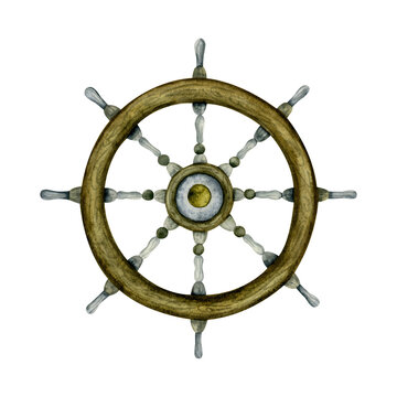 Marine ship steering wheel watercolor illustration. Maritime nautical decorative element isolated on white background